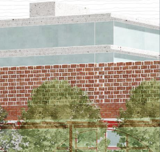 Detail: the material stack — brick parapet, glass band, canopy below.
