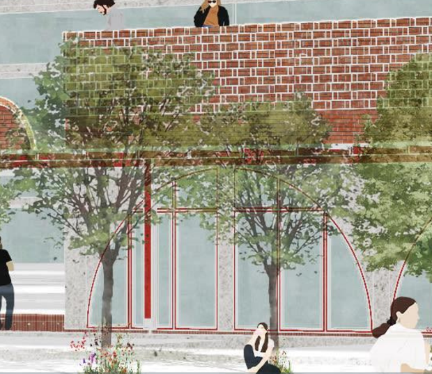 Detail: figures at the brick parapet above the arched glazing, trees in front.