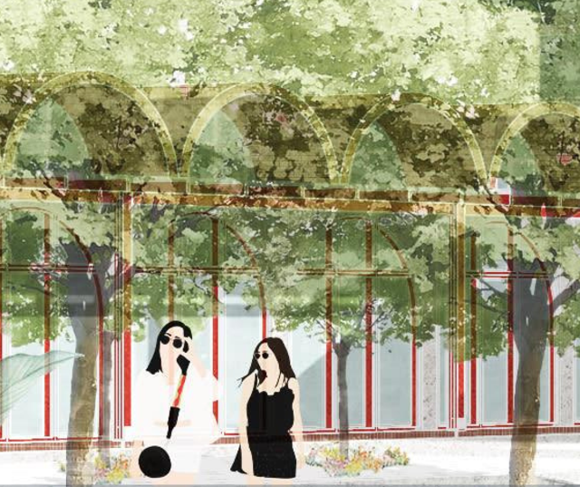 Detail: two people sitting beneath flowering arches and tree canopy.