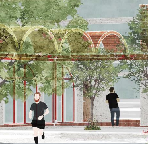 Detail: a runner passing the colonnade while another figure waits by a tree.