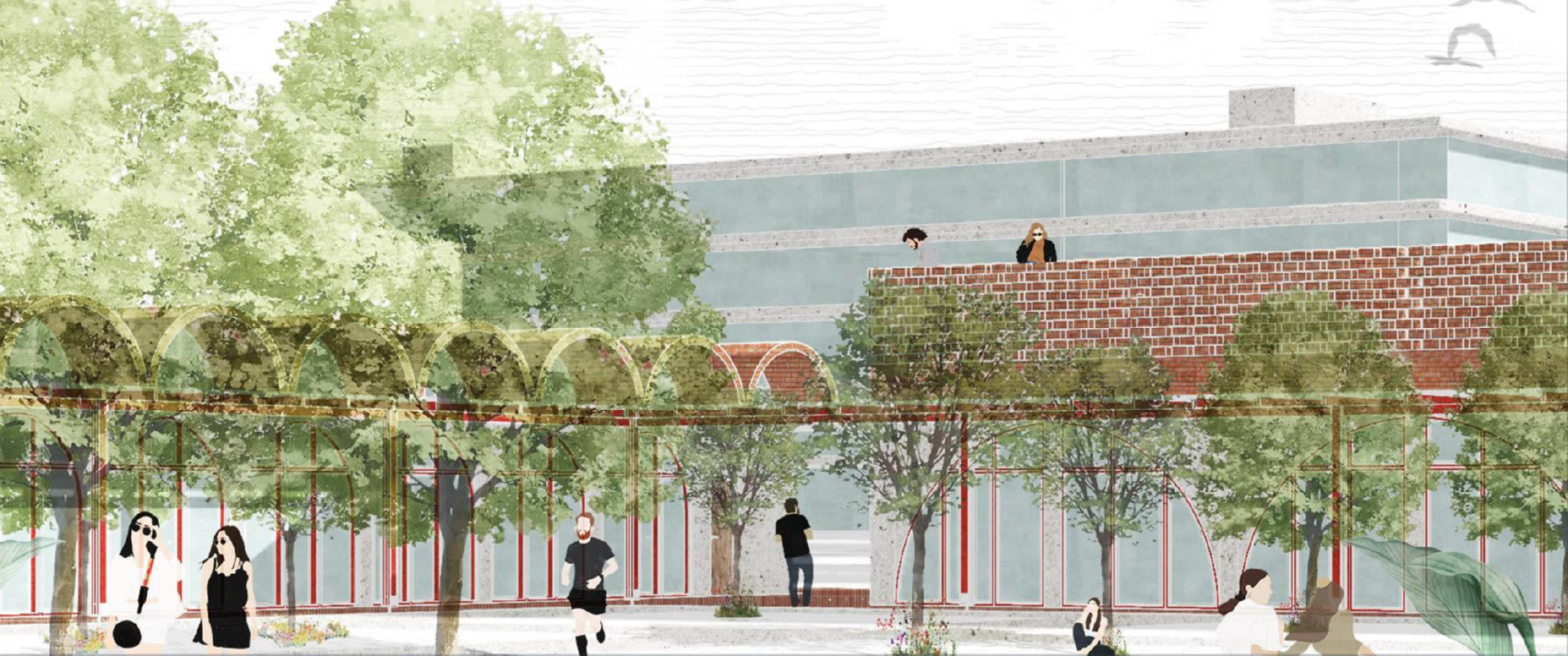 Perspective render: a planted colonnade and public edge along a brick and glass civic building.